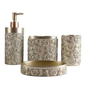 Bathroom Accessories Set 4 Pcs Gold Resin Toothbrush Holder Soap Dispenser Decor